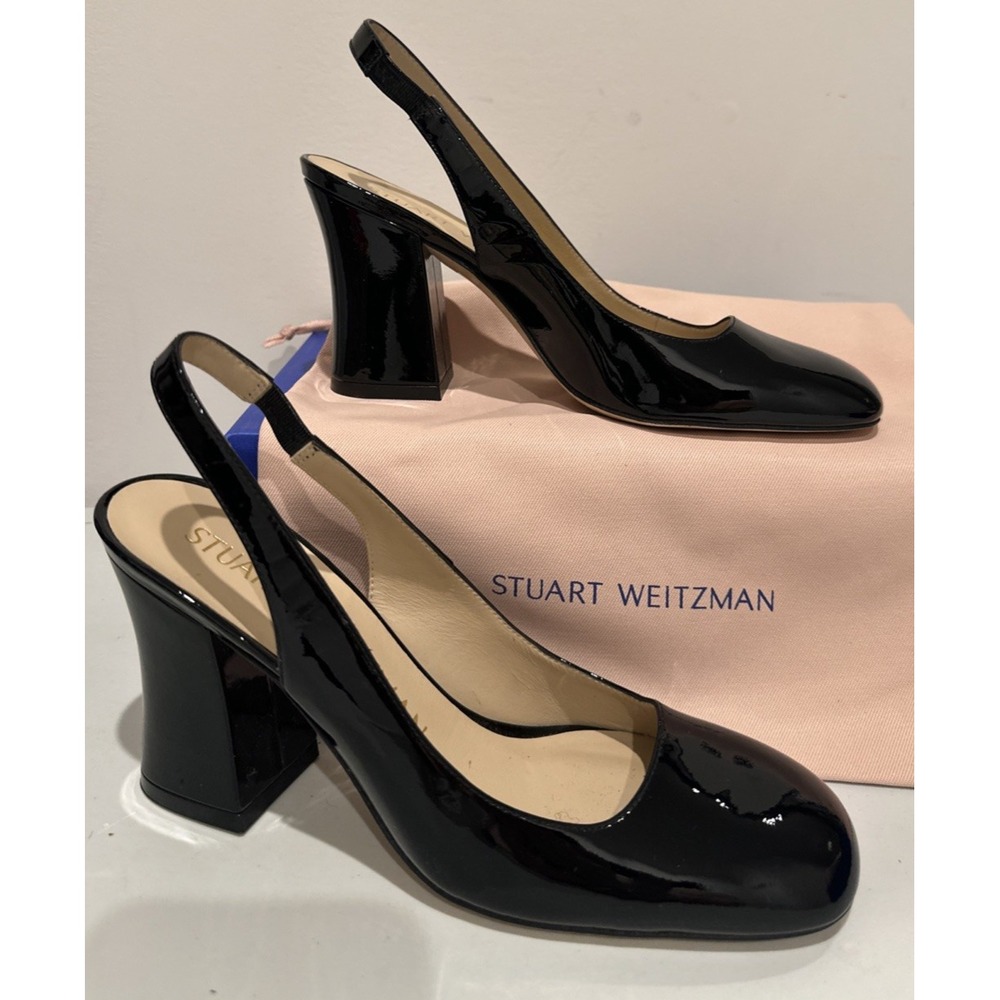 Stuart Weitzman Size 7.5B Curve Block 85 Slingback Pump Block Heels Black Patent
